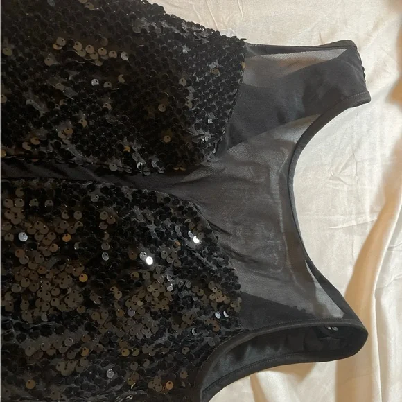 Privately Privileged Black Sequin Mini Dress Illusion Mesh Party Cocktail - Picture 8 of 9